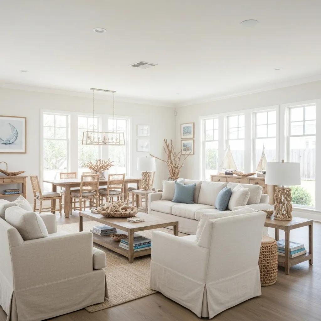 Beautifully staged interior of a Rockport home featuring coastal decor and a welcoming ambiance