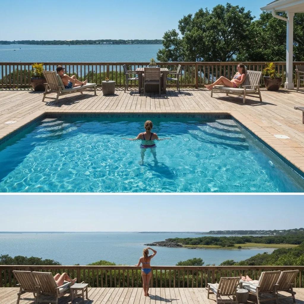 A family enjoying a vacation rental property with stunning bay views in Rockport