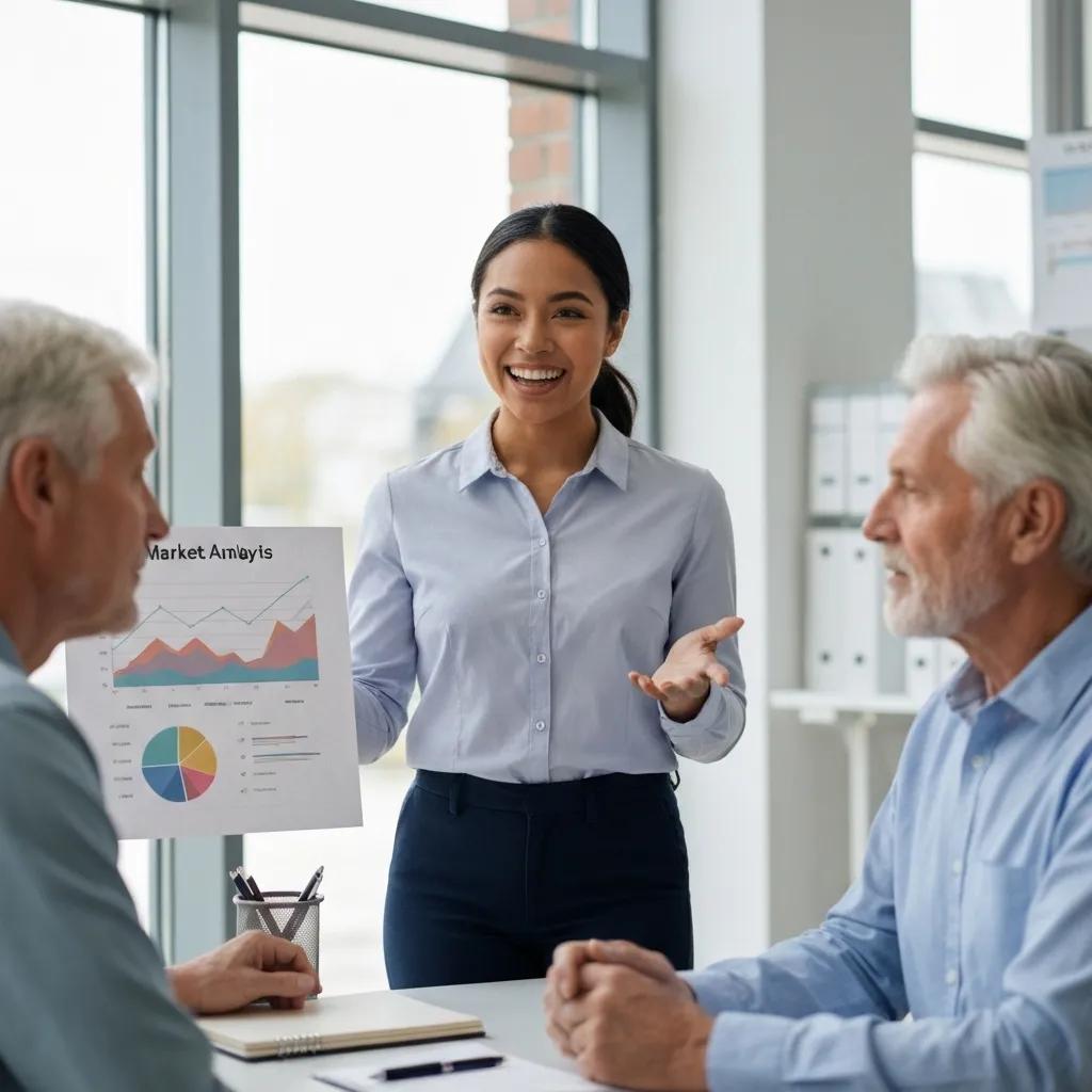 Real estate professionals discussing market data in a contemporary office setting