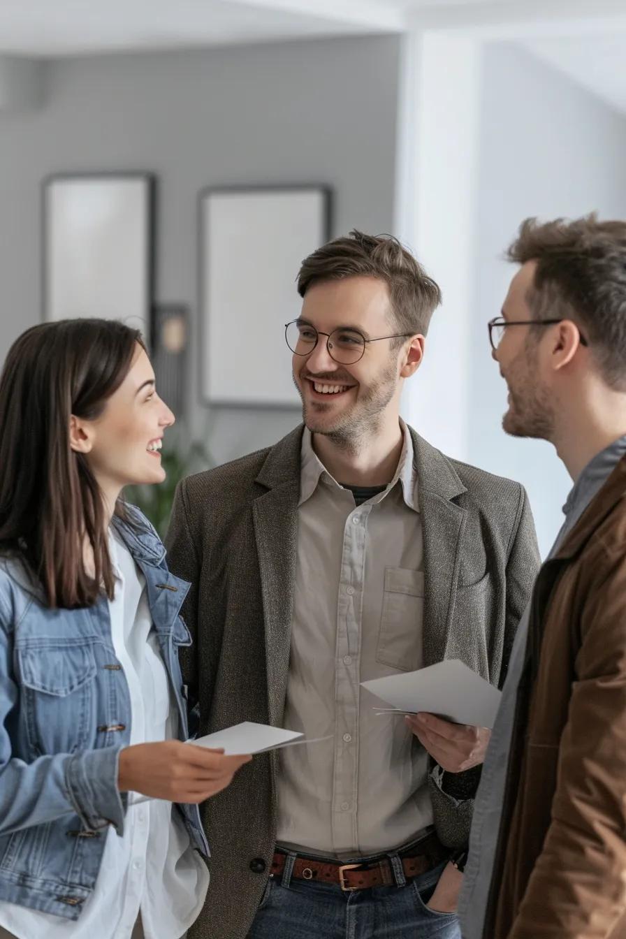 A friendly real estate agent warmly discussing current housing market trends with a happy couple, symbolizing expert guidance and client satisfaction.
