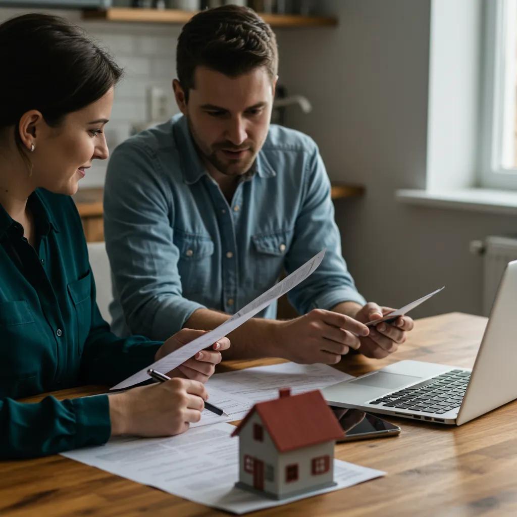 A happy couple thoughtfully reviewing mortgage options at a cozy kitchen table, symbolizing informed financial decisions for their new home.